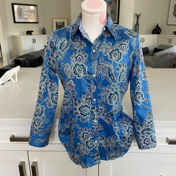 Chaps No Iron 3/4 Slv Button Down 100% Cotton Paisley Shirt Blue White Sz S - Picture 1 of 12